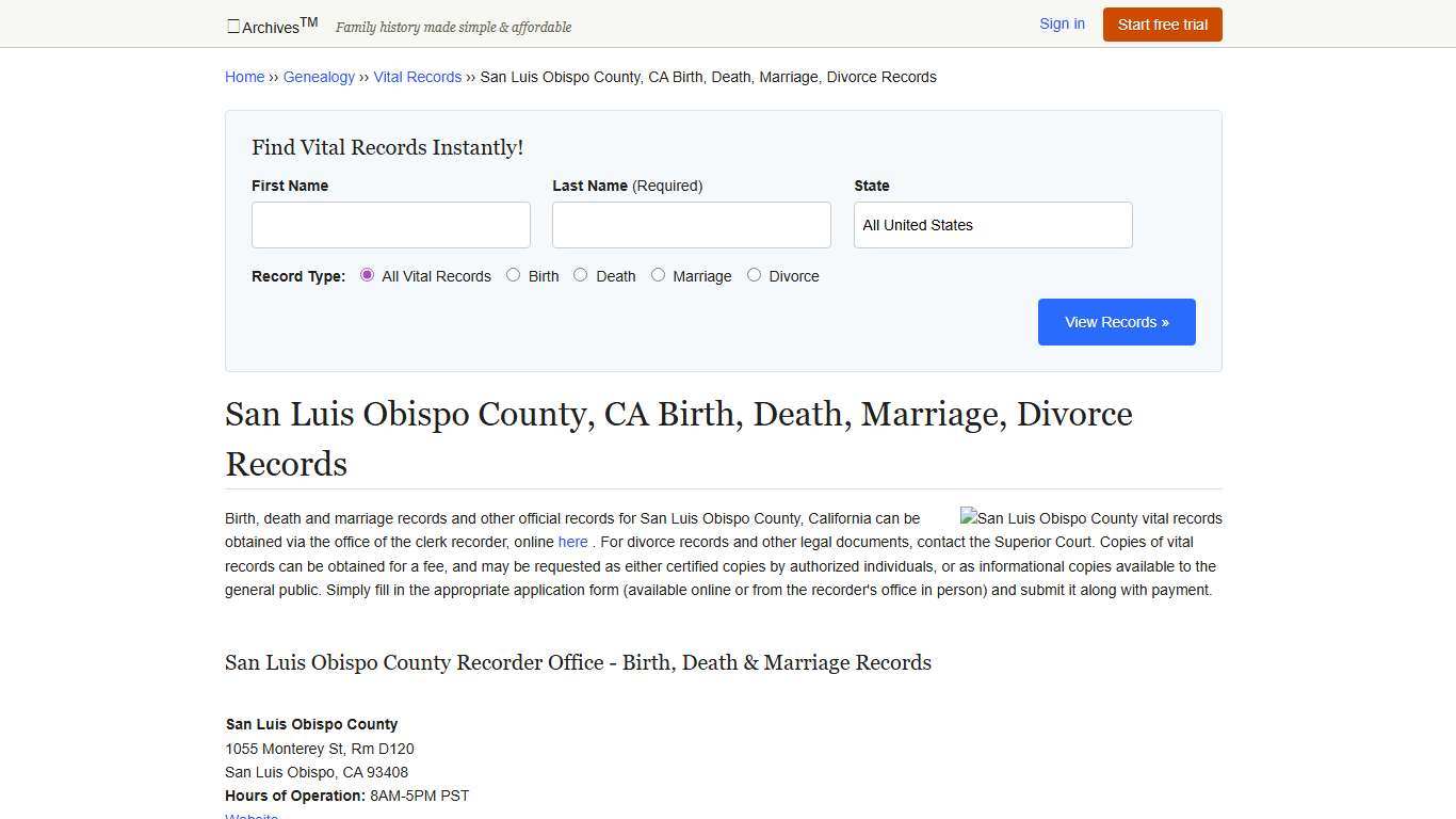 San Luis Obispo County, CA Birth, Death, Marriage, Divorce Records