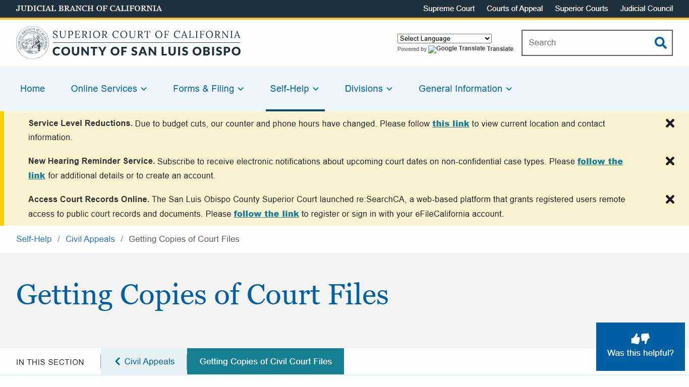 Getting Copies of Court Files | Superior Court of California | County of San Luis Obispo