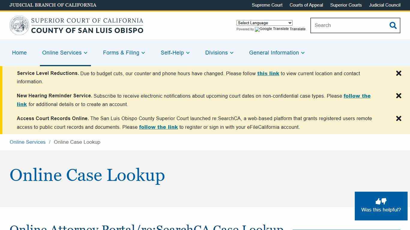 Online Case Lookup | Superior Court of California | County of San Luis Obispo