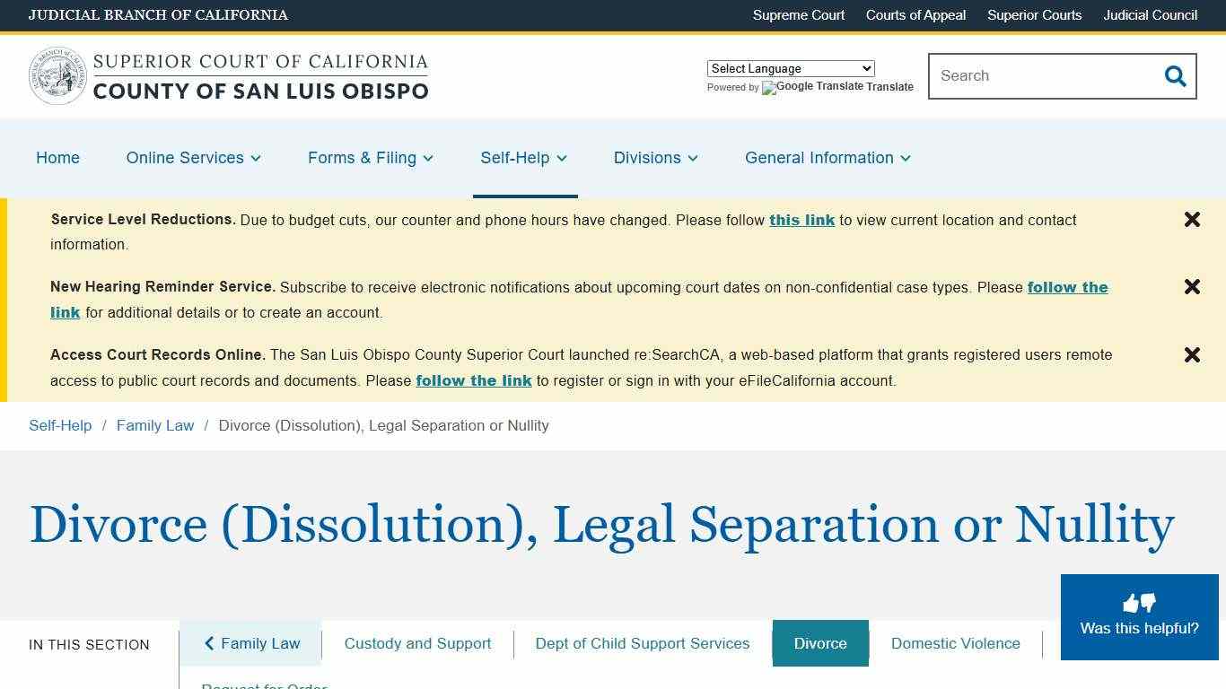 Divorce (Dissolution), Legal Separation or Nullity | Superior Court of California | County of San Luis Obispo